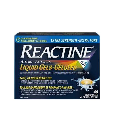 Réactine Extra fort, glules antiallergiquesantihistaminiques, chlorhydrate de ctirizine  10 mg,  soulagement 24 h 40 ea, 0,94 $/1ch