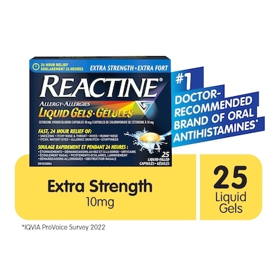 Reactine Extra Strength Antihistamine  Liquid Gel -  10mg Cetirizine Hydrochloride - 24 Hour Allergy  Medicine - 25 ea, $1.12/1ea