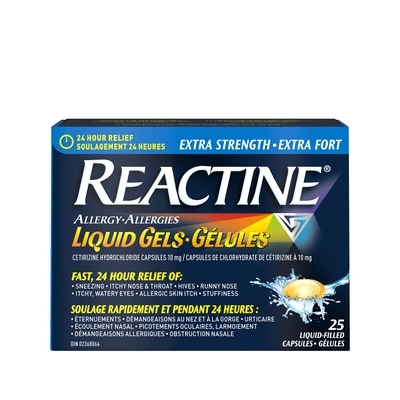 Réactine Extra fort, glules antiallergiquesantihistaminiques, chlorhydrate de ctirizine  10 mg,  soulagement 24 h 25 ea, 1,12 $/1ch