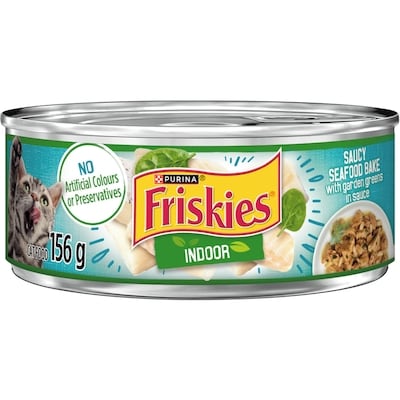 Purina Friskies Indoor in Sauce Saucy Seafood Bake with Garden Greens, Wet Cat Food 156 g, $0.58/100g