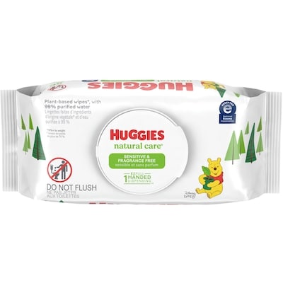 Huggies Lingettes pour bébés Natural Care pour peau sensible, NON PARFUMÉES, 1 emballage à couvercle rabattable, total de 56 lingettes 56 ea, 0,07 $/1ch