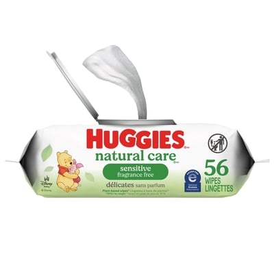 Huggies Lingettes pour bébés Natural Care pour peau sensible, NON PARFUMÉES, 1 emballage à couvercle rabattable, total de 56 lingettes 56 ea, 0,07 $/1ch
