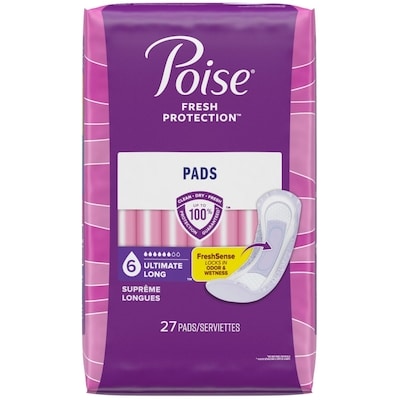 Poise Serviettes pour incontinence Poise, absorption suprême, longue, conception originale, 27 unités 27 ea, 0,81 $/1ch