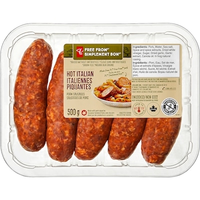 President's Choice Free From Hot Italian Pork Sausages 500 g, $1.80/100g