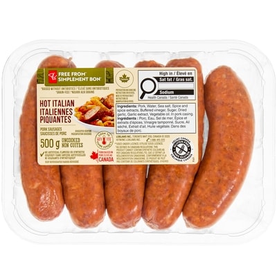 President's Choice Free From Hot Italian Pork Sausages 500 g, $1.80/100g