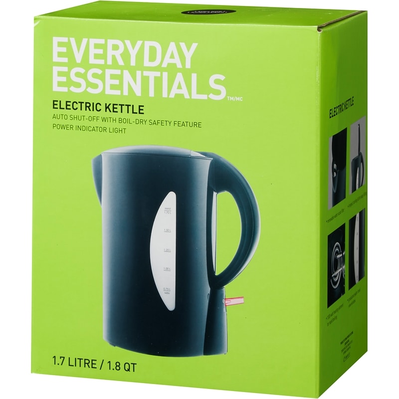 Everyday Essentials 1.7 L Rapid Boil Kettle with Auto Shut-Off, Power Light Indicator, 1500W, Black
