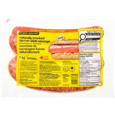 Sans Nom Saucisses de campagne fumées naturellement, format club 1 kg, 1,60 $/100g