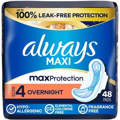 Always Maxi Pads for Women, Overnight Pad with Wings, Size 4, 48 Count 48 ea, $0.32/1ea