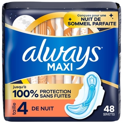 Always Serviettes Maxi de nuit avec ailes, taille 4, 48 48 ea, 0,26 $/1ch