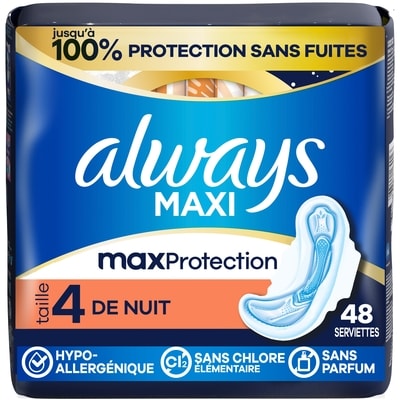 Always Serviettes Maxi, degré d’absorption de nuit, avec ailes, pour femmes, taille 4, 48 serviettes 48 ea, 0,35 $/1ch