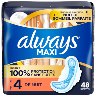 Always Serviettes Maxi de nuit avec ailes, taille 4, 48 48 ea, 0,31 $/1ch