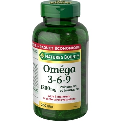 Nature’s Bounty Oméga 3-6-9, 1 200 mg Poisson, lin, bourrache 200 ea, 0,16 $/1ch