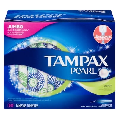 Tampax Tampons Pearl avec tresse anti-fuites LeakGuard, degré d’absorption super, non parfumés, 50 tampons. 50 ea, 0,32 $/1ch