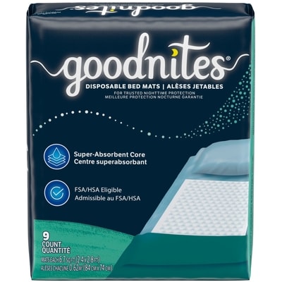 GoodNites Alèses jetables GoodNites contre l’énurésie nocturne, couvre-matelas imperméable et antidérapant, 76,2 cm x 91,4 cm (30 po x 36 po), 9 unités 9 ea, 1,78 $/1ch