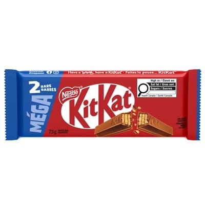 Nestlé Kitkat Méga, 2 barres à 4 bâtonnets, choco. au lait 73 g, 2,74 $/100g