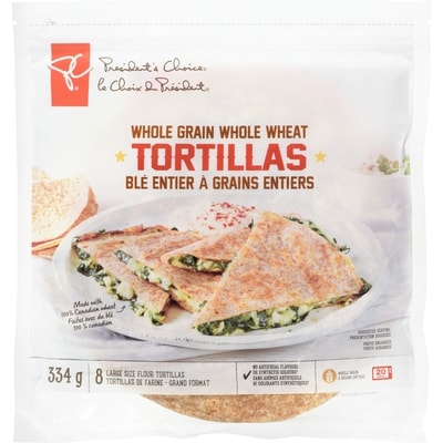 le Choix du Président Tortillas de blé entier à grains entiers, grand format 334 g, 1,34 $/100g