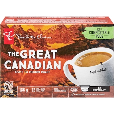President's Choice The Great Canadian Light to Medium Roast Single Serve Coffee Pods 12 ea, $0.83/1ea