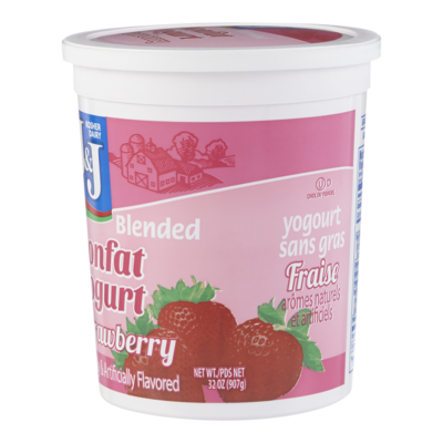 J & J Yogourt sans gras, fraise sans gras casher 907 g, 1,21 $/100g