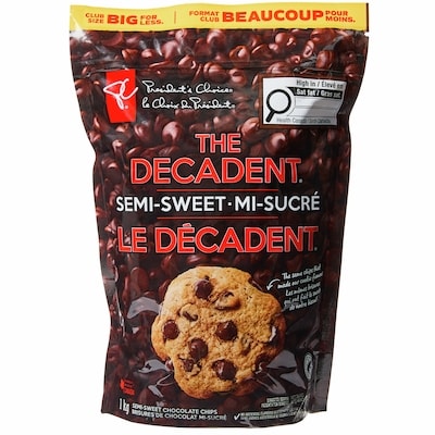 le Choix du Président Brisures de chocolat mi-sucré Le Décadent, format club 1 kg, 1,70 $/100g