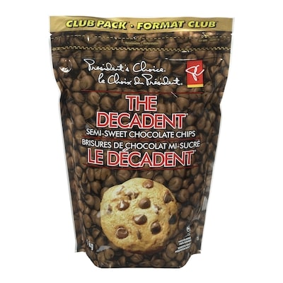 le Choix du Président Brisures de chocolat mi-sucré Le Décadent, Format Club 1 kg, 1,50 $/100g