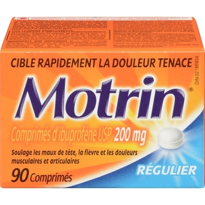 Motrin Comprimés d’ibuprofène régulier 90 ea, 0,18 $/1ch