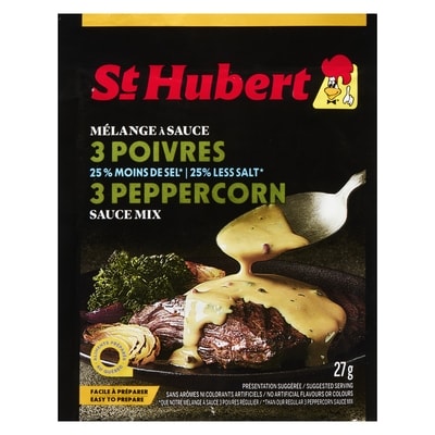 St Hubert Mélange à sauces 3 poivres 25% moins de sel 27 g, 9,22 $/100g