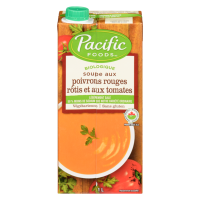 Pacific Soupe crémeuse aux poivrons rouges grillés et aux tomates faible en sel biologique 1 l, 0,75 $/100ml