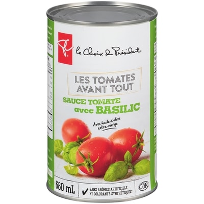 le Choix du Président Sauce tomate avec basilic, les tomates avant tout  680 ml, 0,44 $/100ml