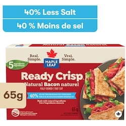 Maple Leaf Ready Crisp Fully Cooked Less Salt Natural Bacon Slices 65 g, $10.75/100g