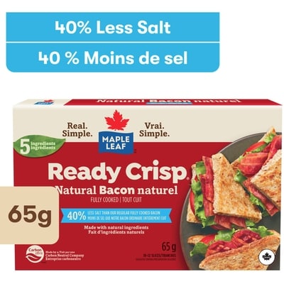 Maple Leaf Ready Crisp Fully Cooked Less Salt Natural Bacon Slices 65 g, $12.75/100g