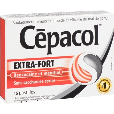 Cépacol EXTRA-FORT sans saccharose à la cerise, 16 pastilles contre le mal de gorge (16 ch.)