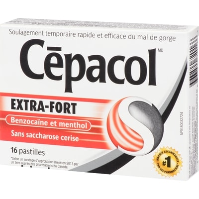 Cépacol EXTRA-FORT sans saccharose à la cerise, 16 pastilles contre le mal de gorge (16 ch.)