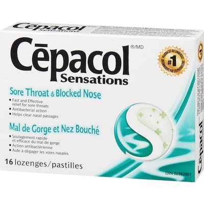 Cépacol Sensations Mal de Gorge et Nez Bouché, 16 pastilles contre le mal de gorge (16 ch.)