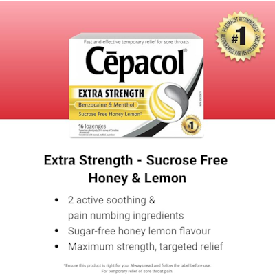 Extra Strength Sucrose Free Honey Lemon, Sore Throat Lozenges
