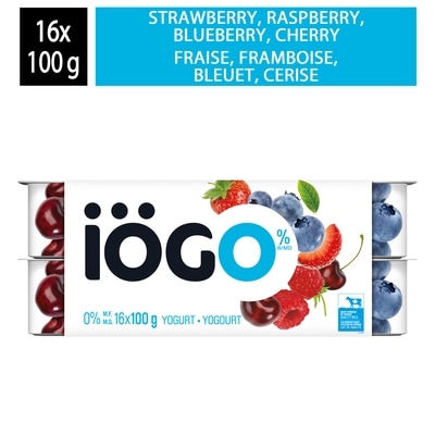 IÖGO Pots de yogourt sans matière grasse fraise/framboise/bleuet/cerise 0 % 16x100.0 g, 0,59 $/100g