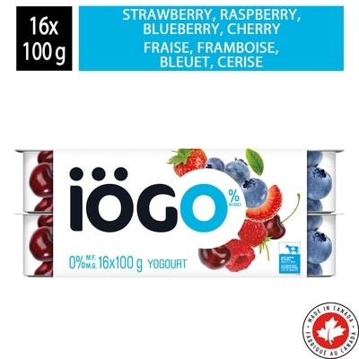 IÖGO Pots de yogourt sans matière grasse fraise/framboise/bleuet/cerise 0 % 16x100.0 g, 0,41 $/100g