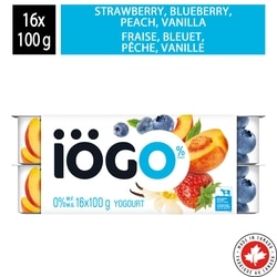 IOGO Strawberry/ Blueberry/Peach/Vanilla Fat Free Yogurt Cups 0% 16x100.0 g, $0.49/100g