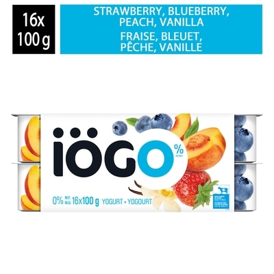 IÖGO Pots de yogourt sans matière grasse fraise/bleuet/pêche/vanille 0 % 16x100.0 g, 0,46 $/100g