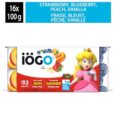 IÖGO Pots de yogourt sans matière grasse fraise/bleuet/pêche/vanille 0 % 16x100.0 g, 0,46 $/100g