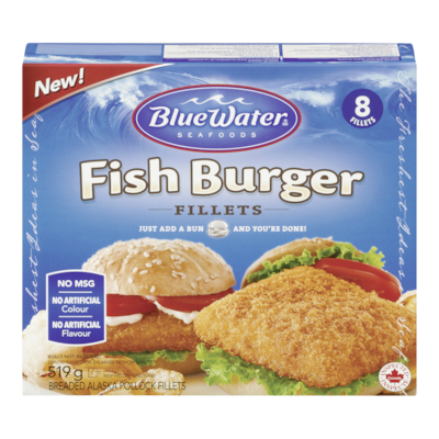 BlueWater Seafoods Breaded Fish Sandwich, Wild Caught Alaskan Pollock, Frozen, 8 Count 519 g, $1.73/100g