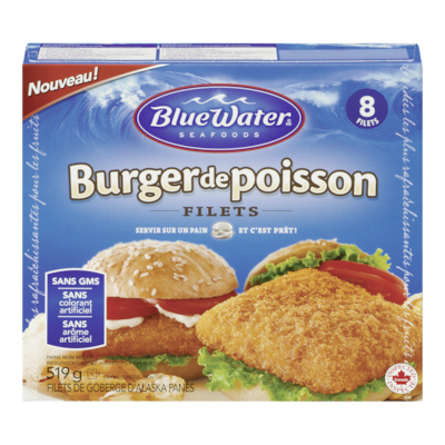 BlueWater Seafoods Burger de poisson pané, Goberge d'Alaska sauvage, Congelé, 8 morceaux 519 g, 1,73 $/100g