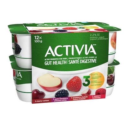 Danone Probiotic Yogurt, Apple-Blackberry/Raspberry/Cherry/Strawberry-Rhubarb 12x100.0 g, $0.58/100g