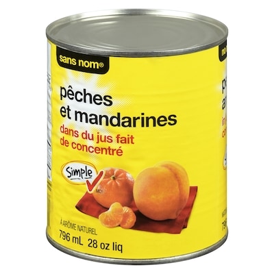 Sans Nom Pêches et mandarines dans du jus de fruits fait de concentré 796 ml, 0,63 $/100ml