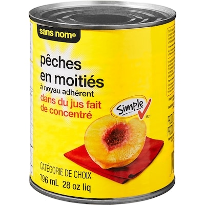 Sans Nom Pêches en moitiés à noyau adhérent dans du jus fait de concentré 796 ml, 0,63 $/100ml