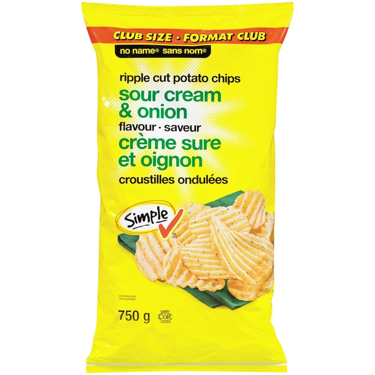 No Name Sour Cream & Onion Ripple Cut Potato Chips  750 g, $0.77/100g