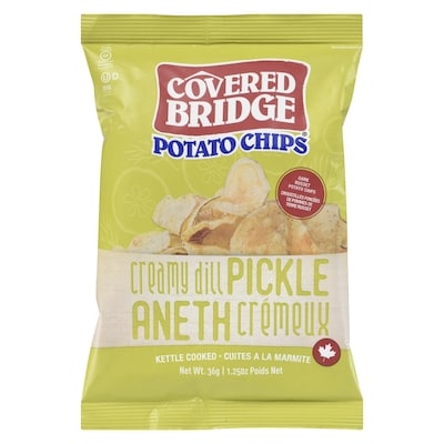 Covered Bridge Creamy Dill Pickle Flavour Old Fashioned Kettle Cooked Potato Chips 36 g, $4.97/100g
