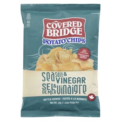 Covered Bridge Sea Salt & Vinegar Flavour Old Fashioned Kettle Cooked Potato Chips 36 g, $4.97/100g
