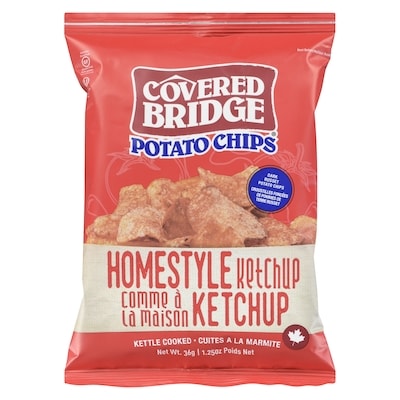 Covered Bridge Homestyle Ketchup Flavour Old Fashioned Kettle Cooked Potato Chips 36 g, $4.97/100g