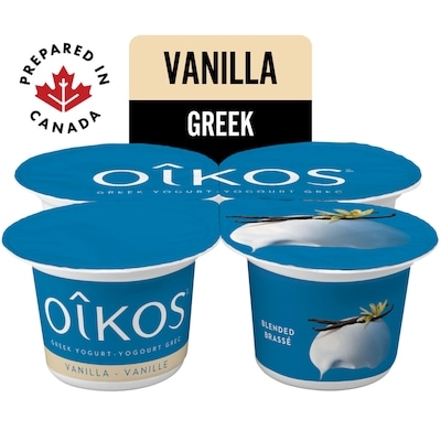 Oikos Greek Yogurt, Vanilla, Blended, 2% M.F. 4x100.0 g, $1.00/100g