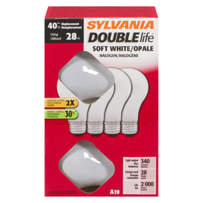 Sylvania A19 Halogen 28W=40W Replacement Double Life Light Bulbs, Soft White 4 ea, $3.00/1ea
